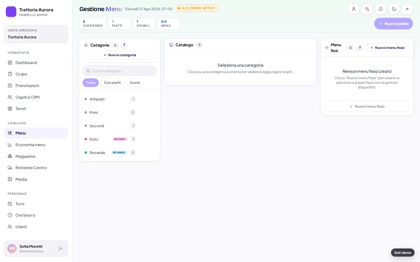 Catalogo menu Piattix con piatti demo, prezzi e stato di pubblicazione.