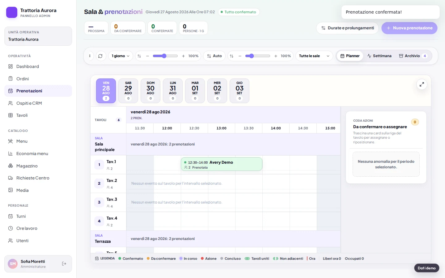 Planner prenotazioni Piattix con una richiesta demo assegnata a un tavolo.