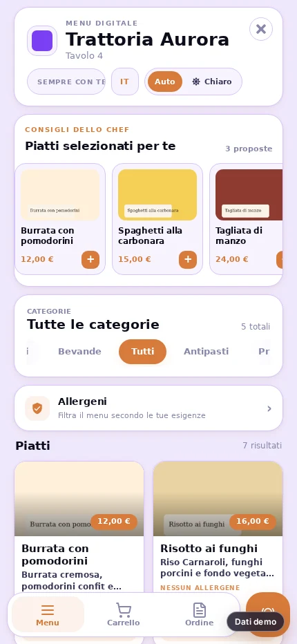 Menu mobile con categorie e piatti demo disponibili.