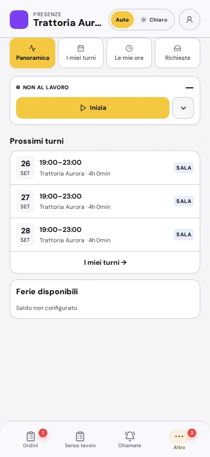 PWA personale: registrazione ore e prossimi turni della sala. Dati demo.